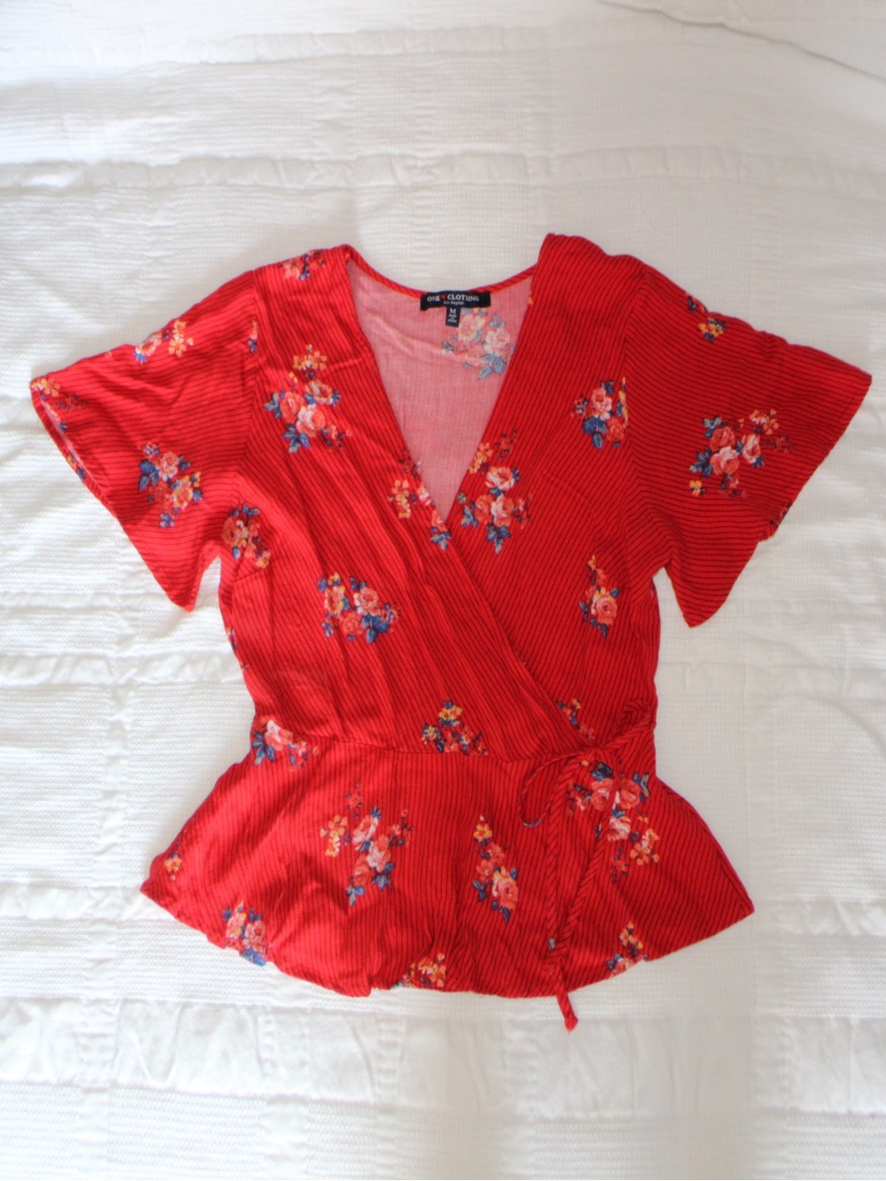 One Clothing Los Angeles Red Floral Wrap Peplum Top